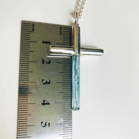 Aquamarine cross pendant- Long aquamarine crystal mounted in a sterling silver cross pendant