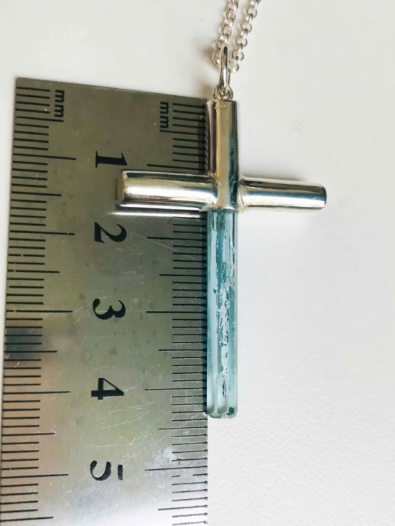 Aquamarine cross pendant- Long aquamarine crystal mounted in a sterling silver cross pendant