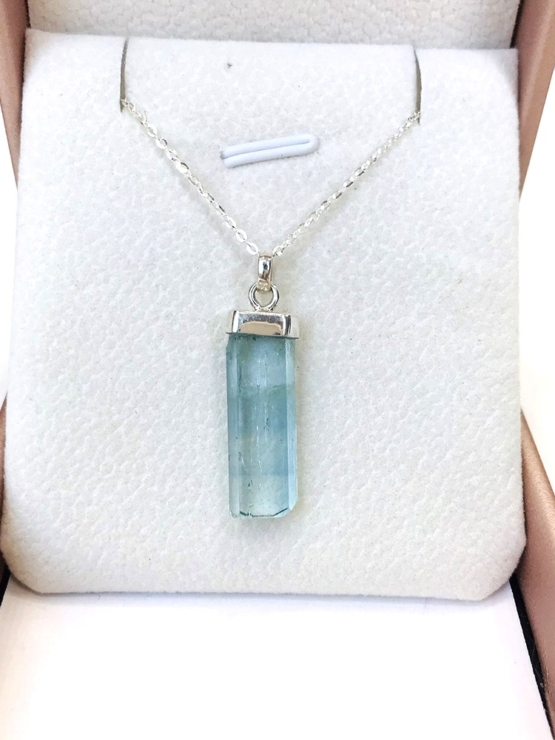 Raw aquamarine crystal pendant necklace for girls-Natural aquamarine pendant-Blue gemstone pendant