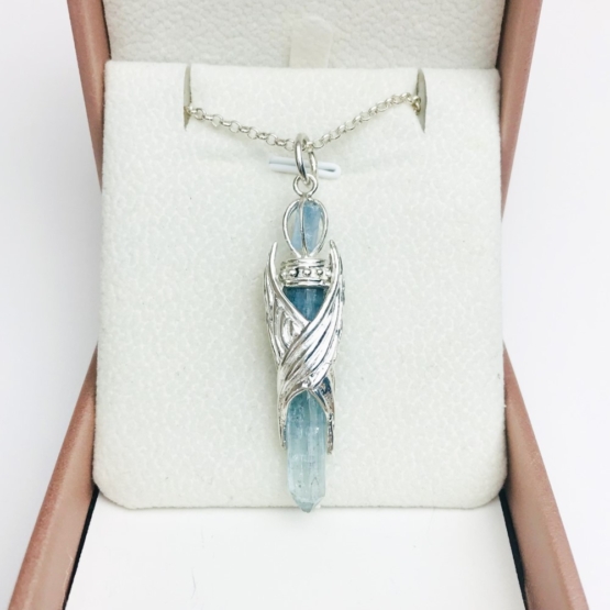 aquamarine crystal pendant with eagle wings embracing outside- eagle wing pendant - auqmarine sterling silver pendant for man