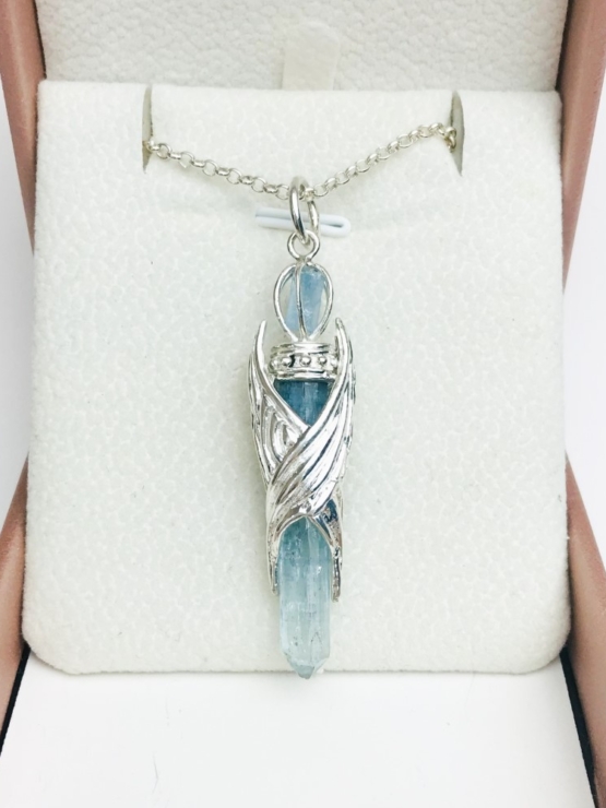 aquamarine crystal pendant with eagle wings embracing outside- eagle wing pendant - auqmarine sterling silver pendant for man