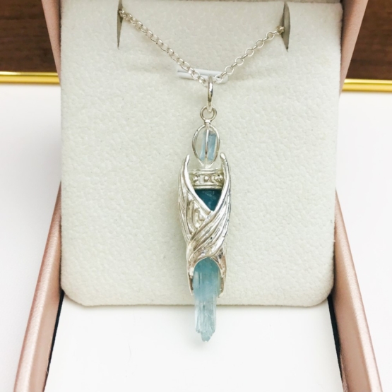 aquamarine crystal pendant with eagle wings embracing outside- eagle wing pendant - auqmarine sterling silver pendant for man