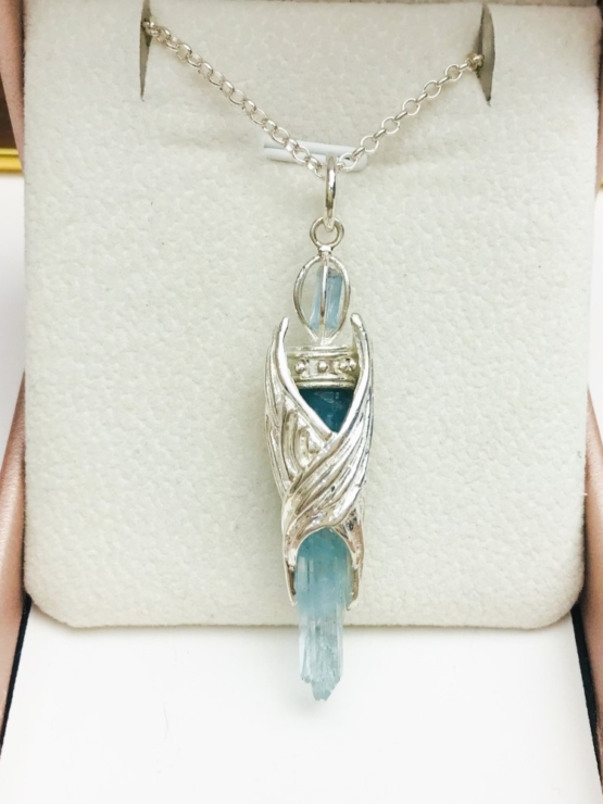 aquamarine crystal pendant with eagle wings embracing outside- eagle wing pendant - auqmarine sterling silver pendant for man