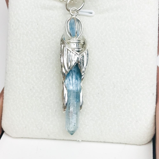 aquamarine crystal pendant with eagle wings embracing outside- eagle wing pendant - auqmarine sterling silver pendant for man