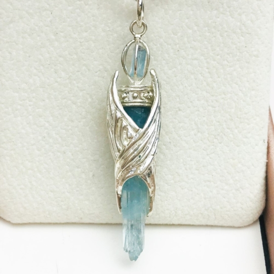 aquamarine crystal pendant with eagle wings embracing outside- eagle wing pendant - auqmarine sterling silver pendant for man