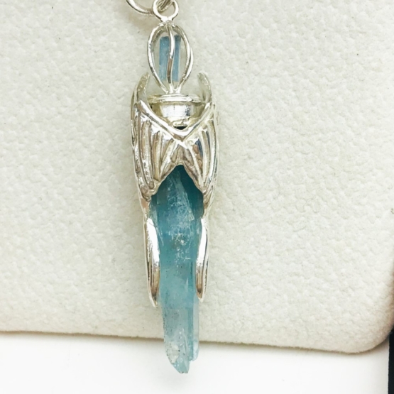 aquamarine crystal pendant with eagle wings embracing outside- eagle wing pendant - auqmarine sterling silver pendant for man