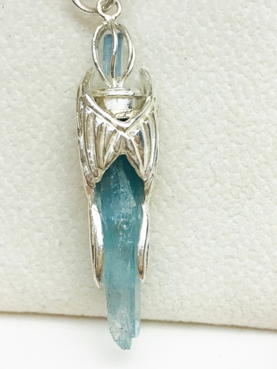 aquamarine crystal pendant with eagle wings embracing outside- eagle wing pendant - auqmarine sterling silver pendant for man