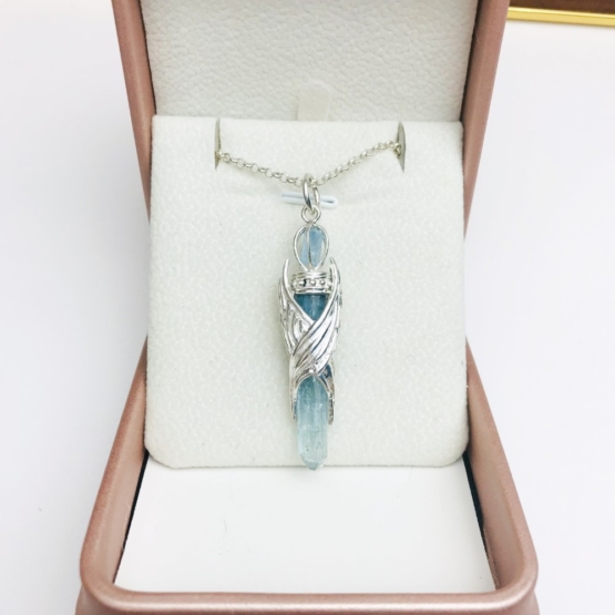 aquamarine crystal pendant with eagle wings embracing outside- eagle wing pendant - auqmarine sterling silver pendant for man