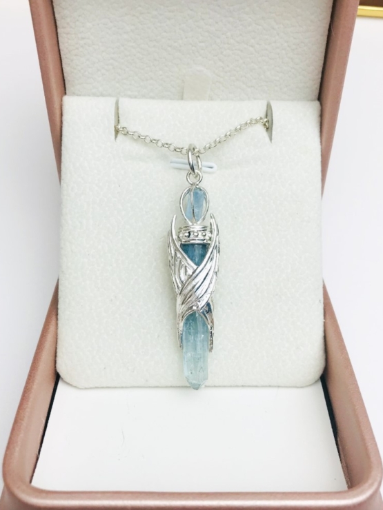 aquamarine crystal pendant with eagle wings embracing outside- eagle wing pendant - auqmarine sterling silver pendant for man