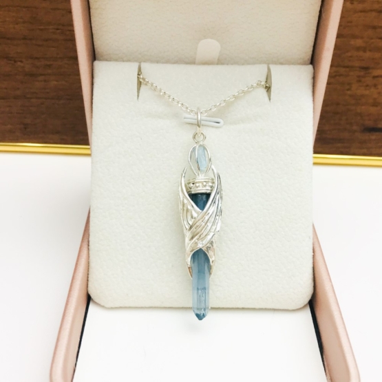 aquamarine crystal pendant with eagle wings embracing outside- eagle wing pendant - auqmarine sterling silver pendant for man