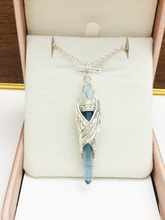 aquamarine crystal pendant with eagle wings embracing outside- eagle wing pendant - auqmarine sterling silver pendant for man