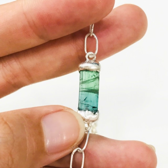 bicolor tourmaline bracelet with big hoop sterling silver chain