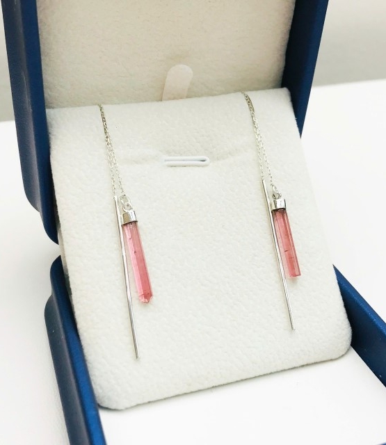 Pink tourmaline thread earrings for girls - tourmaline crystal earrings- pink stone earrings