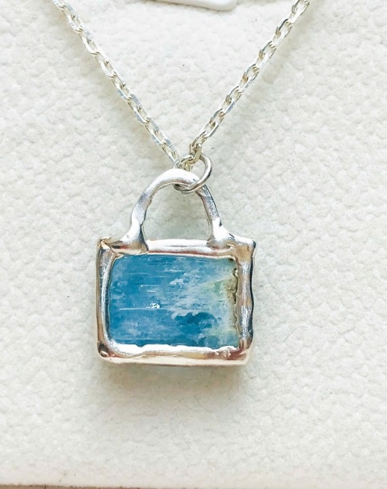 rectangle aquamarine pendant necklace- handmade aquamarine jewelry-blue stone pendant- aquamarine sterling silver pendant