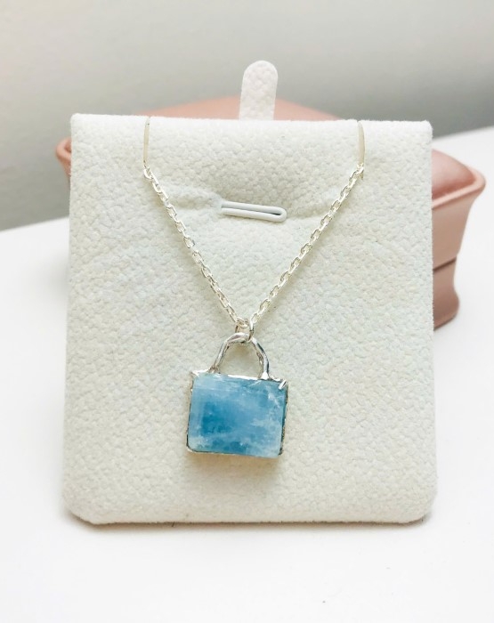 rectangle aquamarine pendant necklace- handmade aquamarine jewelry-blue stone pendant- aquamarine sterling silver pendant
