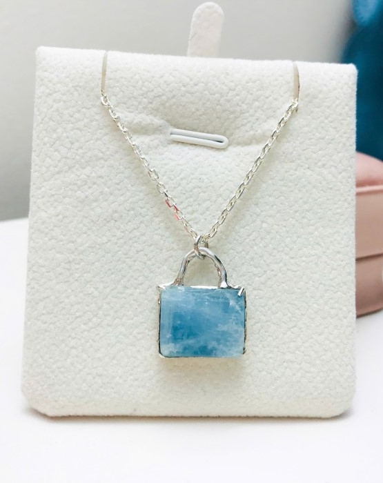 rectangle aquamarine pendant necklace- handmade aquamarine jewelry-blue stone pendant- aquamarine sterling silver pendant