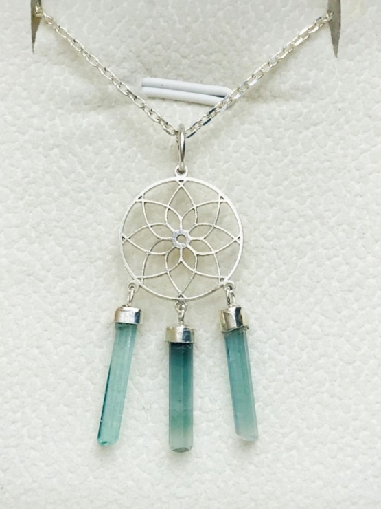 Blue dream catcher tourmaline pendant dream catcher necklace blue tourmaline crystal sterling silver pendant