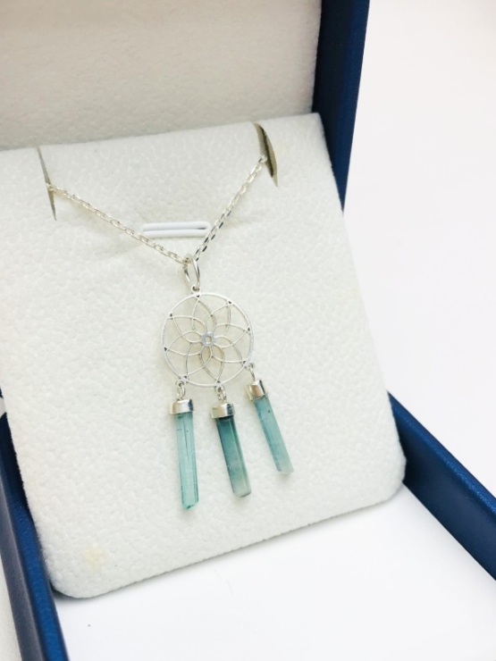 Blue dream catcher tourmaline pendant dream catcher necklace blue tourmaline crystal sterling silver pendant