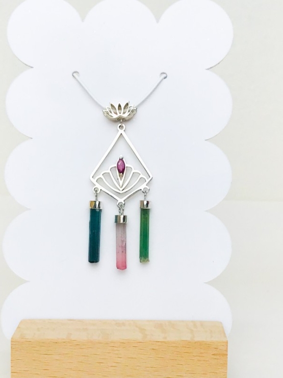 Boho tourmaline crystal pendant silver tourmaline lotus pendant silver silver multicolor tourmaline lotus pendant
