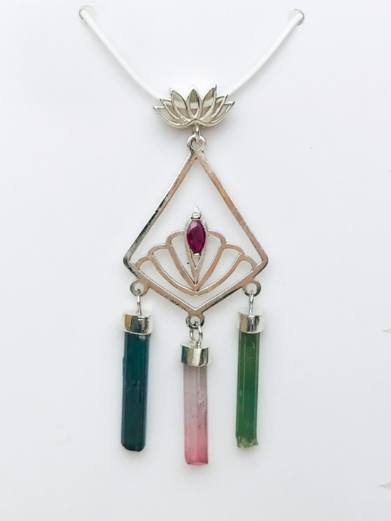 Boho tourmaline crystal pendant silver tourmaline lotus pendant silver silver multicolor tourmaline lotus pendant