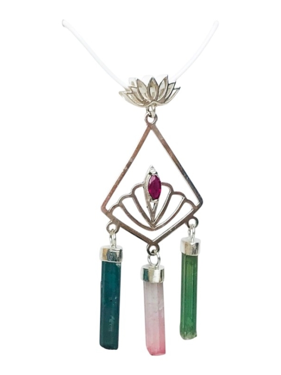 Boho tourmaline crystal pendant silver tourmaline lotus pendant silver silver multicolor tourmaline lotus pendant