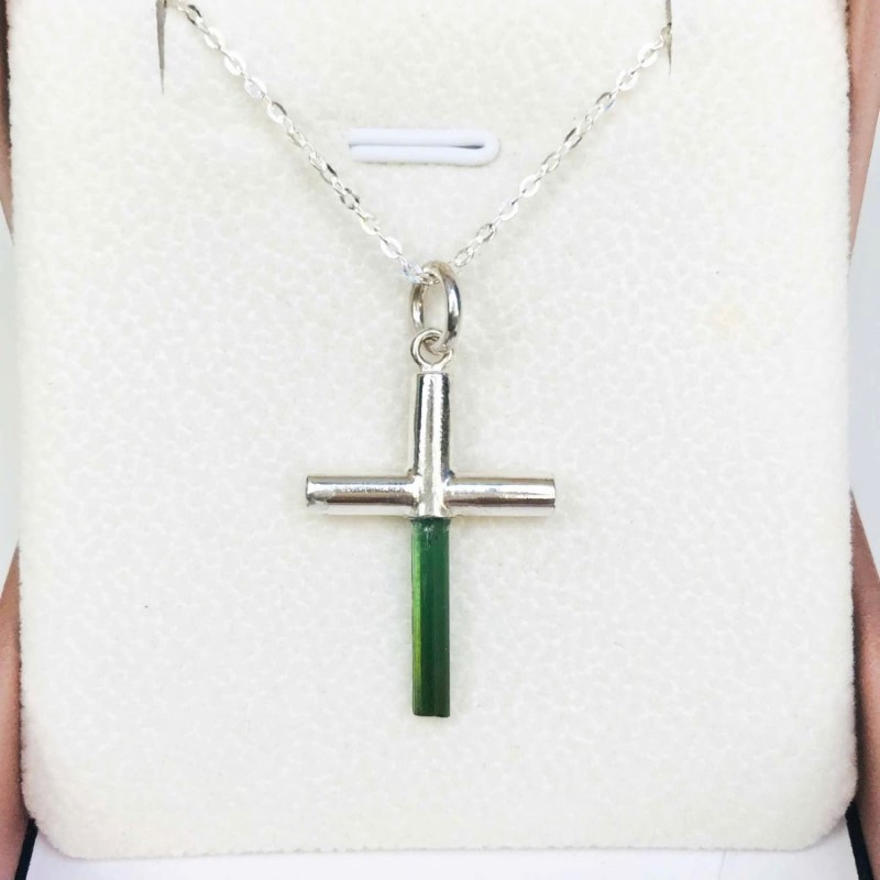 Green tourmaline cross pendant Sterling silver tourmaline crystal pendant Green tourmaline jewelry natural tourmaline pendant