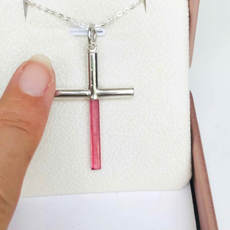Pink tourmaline cross pendant Sterling silver tourmaline crystal pendant pink tourmaline jewelry natural tourmaline pendant