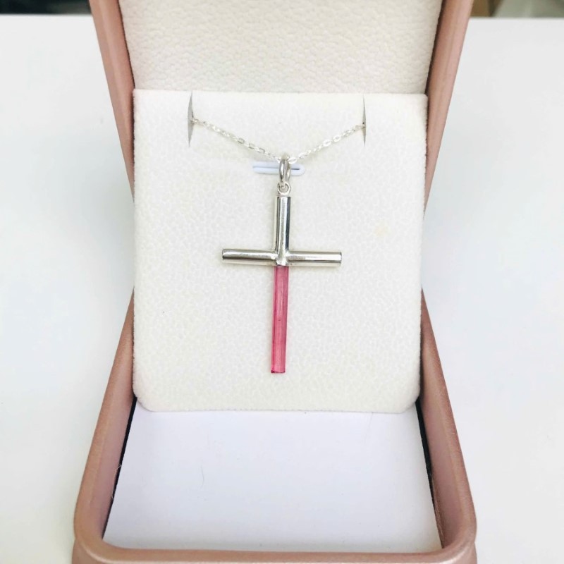 Pink tourmaline cross pendant Sterling silver tourmaline crystal pendant pink tourmaline jewelry natural tourmaline pendant