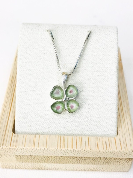 Clover watermelon tourmaline pendant Natural Watermelon tourmaline pendant Silver clover pendant