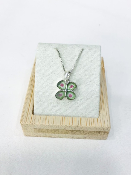 Clover watermelon tourmaline pendant Natural Watermelon tourmaline pendant Silver clover pendant