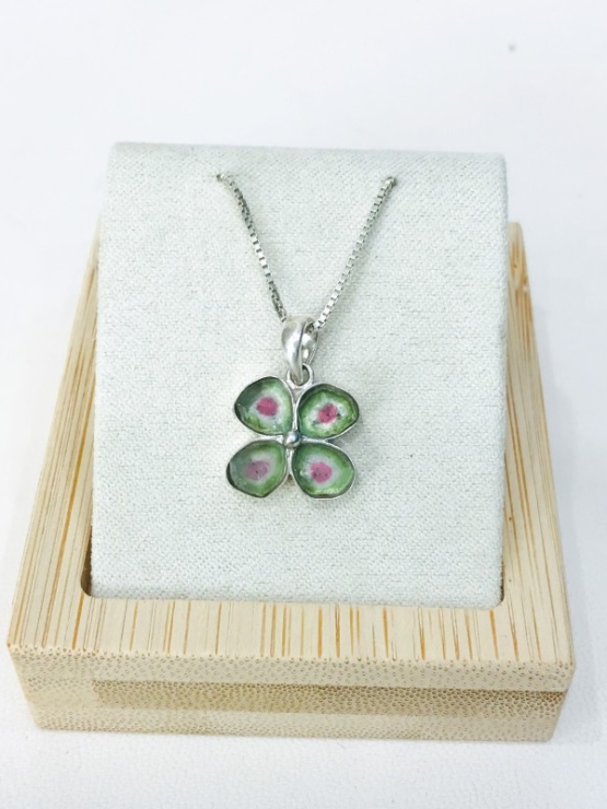 Clover watermelon tourmaline pendant Natural Watermelon tourmaline pendant Silver clover pendant