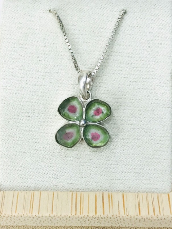 Clover watermelon tourmaline pendant Natural Watermelon tourmaline pendant Silver clover pendant
