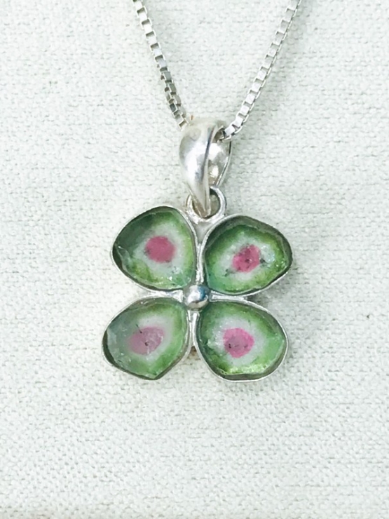 Clover watermelon tourmaline pendant Natural Watermelon tourmaline pendant Silver clover pendant
