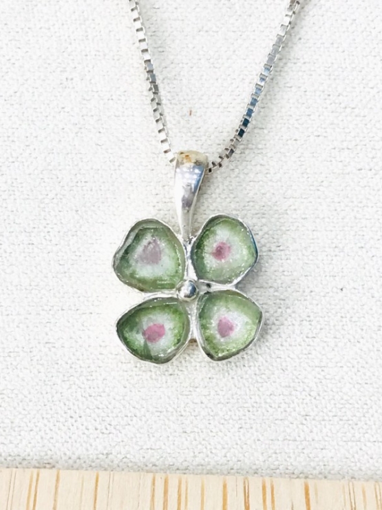 Clover watermelon tourmaline pendant Natural Watermelon tourmaline pendant Silver clover pendant