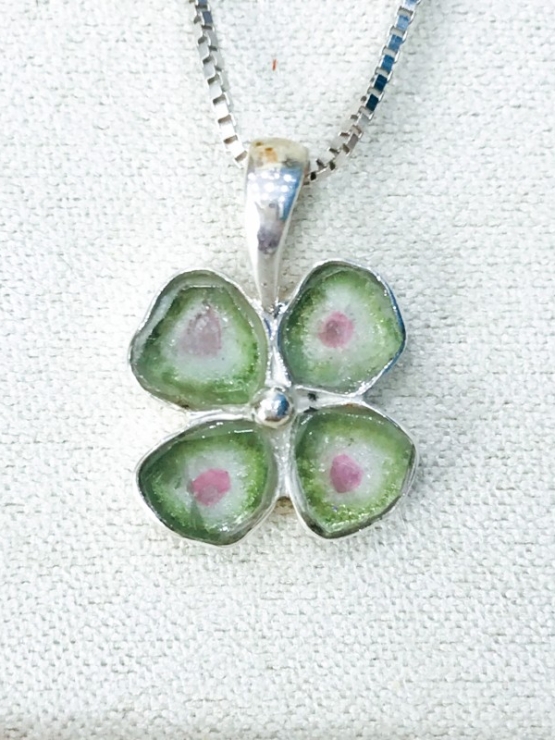 Clover watermelon tourmaline pendant Natural Watermelon tourmaline pendant Silver clover pendant