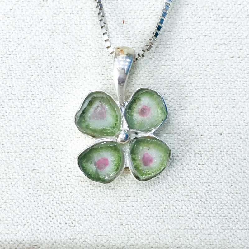 Clover watermelon tourmaline pendant Natural Watermelon tourmaline pendant Silver clover pendant Clover watermelon tourmaline pendant Natural Watermelon tourmaline pendant Silver clover pendant