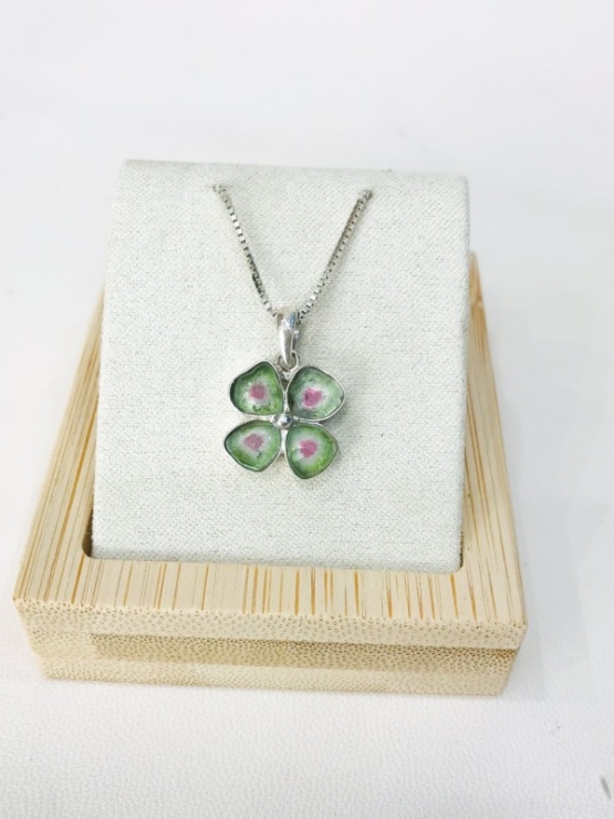 Clover watermelon tourmaline pendant Natural Watermelon tourmaline pendant Silver clover pendant