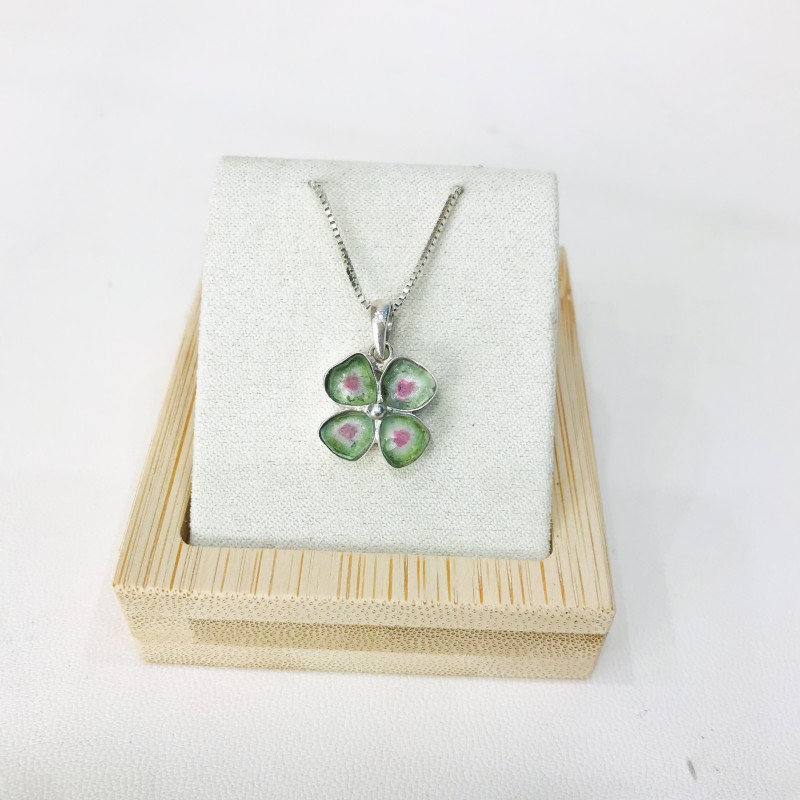 Clover watermelon tourmaline pendant Natural Watermelon tourmaline pendant Silver clover pendant Clover watermelon tourmaline pendant Natural Watermelon tourmaline pendant Silver clover pendant