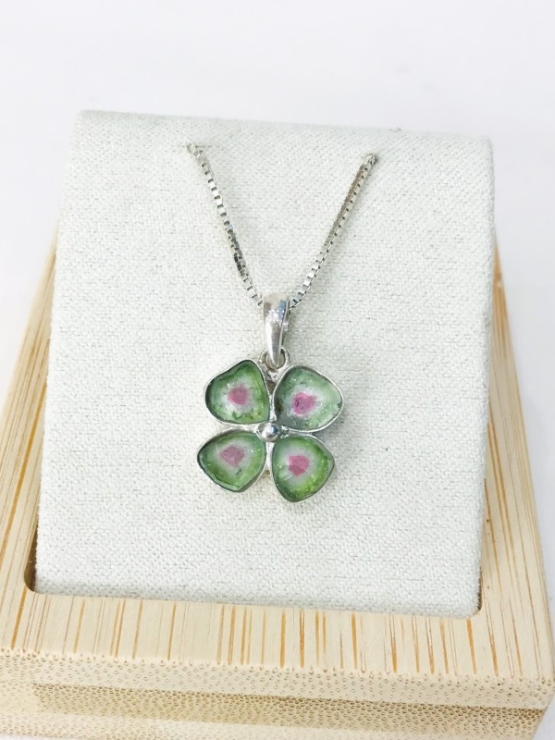 Clover watermelon tourmaline pendant Natural Watermelon tourmaline pendant Silver clover pendant
