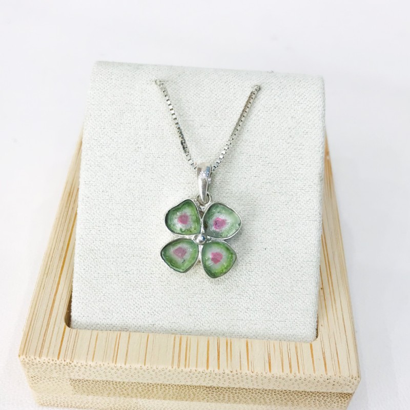 Clover watermelon tourmaline pendant Natural Watermelon tourmaline pendant Silver clover pendant Clover watermelon tourmaline pendant Natural Watermelon tourmaline pendant Silver clover pendant