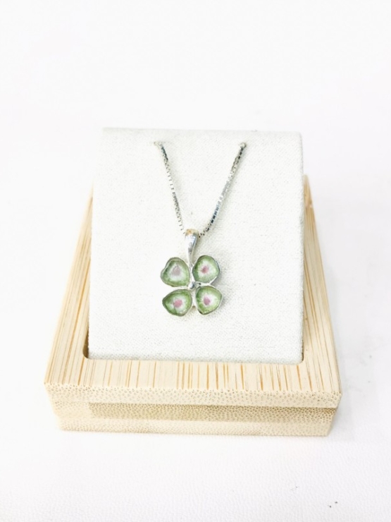 Clover watermelon tourmaline pendant Natural Watermelon tourmaline pendant Silver clover pendant