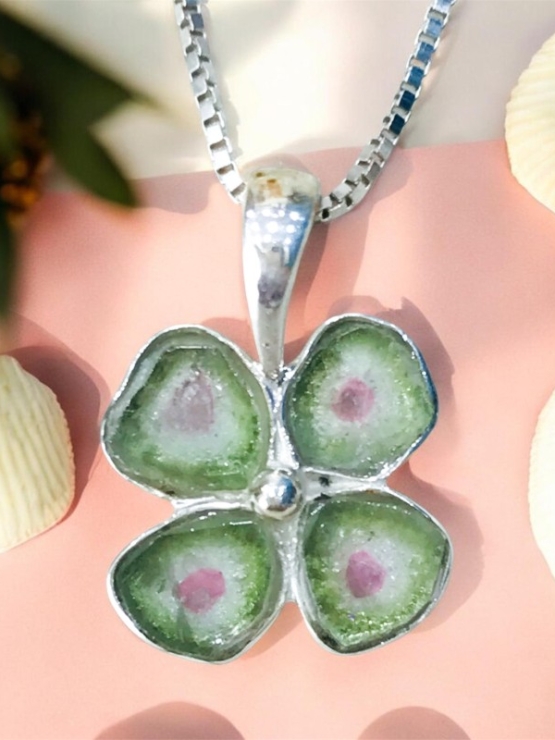Clover watermelon tourmaline pendant Natural Watermelon tourmaline pendant Silver clover pendant