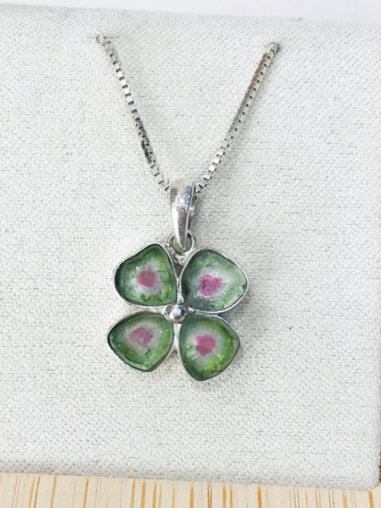 Clover watermelon tourmaline pendant Natural Watermelon tourmaline pendant Silver clover pendant
