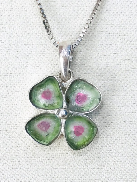 Clover watermelon tourmaline pendant Natural Watermelon tourmaline pendant Silver clover pendant