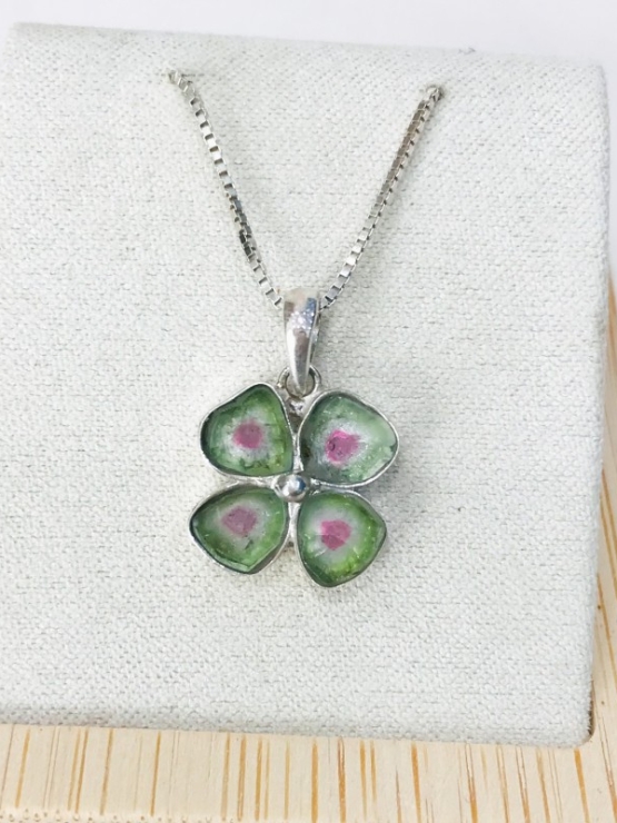 Clover watermelon tourmaline pendant Natural Watermelon tourmaline pendant Silver clover pendant