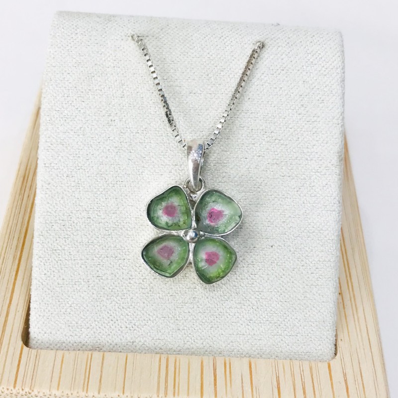 Clover watermelon tourmaline pendant Natural Watermelon tourmaline pendant Silver clover pendant Clover watermelon tourmaline pendant Natural Watermelon tourmaline pendant Silver clover pendant
