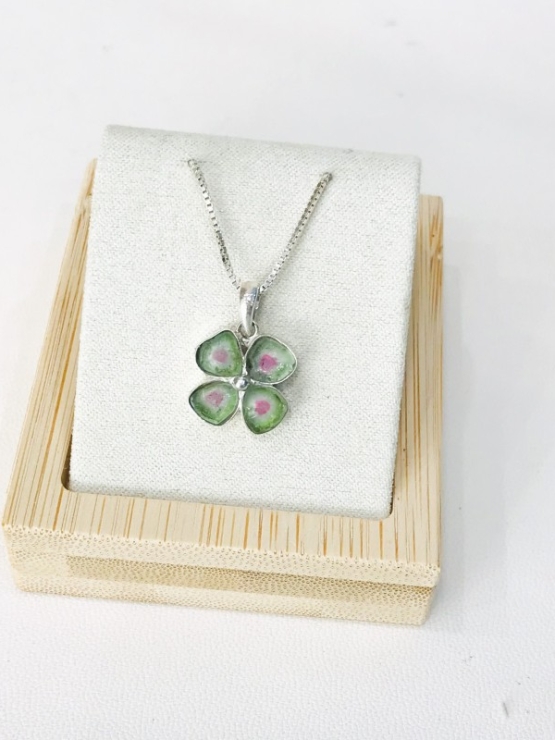 Clover watermelon tourmaline pendant Natural Watermelon tourmaline pendant Silver clover pendant