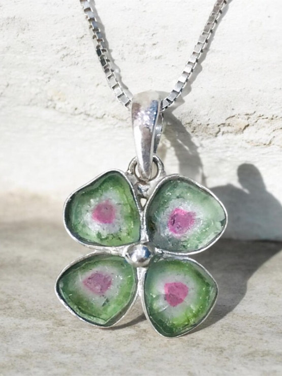 Clover watermelon tourmaline pendant Natural Watermelon tourmaline pendant Silver clover pendant