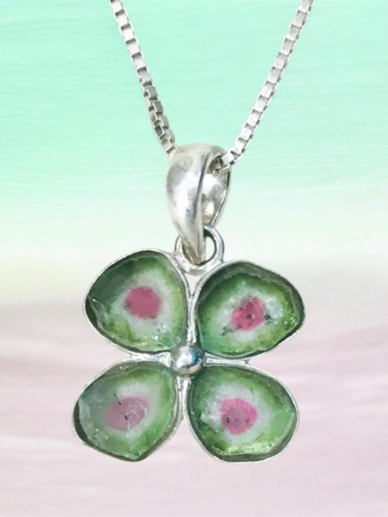 Clover watermelon tourmaline pendant Natural Watermelon tourmaline pendant Silver clover pendant