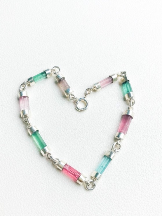 Multicolor tourmaline bracelet Natural tourmaline crystal bracelet Tourmaline crystal sterling silver bracelet
